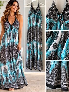 Elegant Black and Blue Patterned Maxi Dress